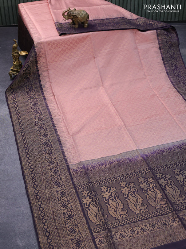 Pure soft silk saree pastel pink and deep jamun shade with allover zari woven butta weaves and long zari woven border