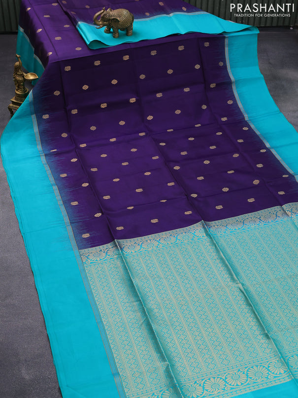 Pure soft silk saree deep violet and teal blue with zari woven buttas and zari woven simple border