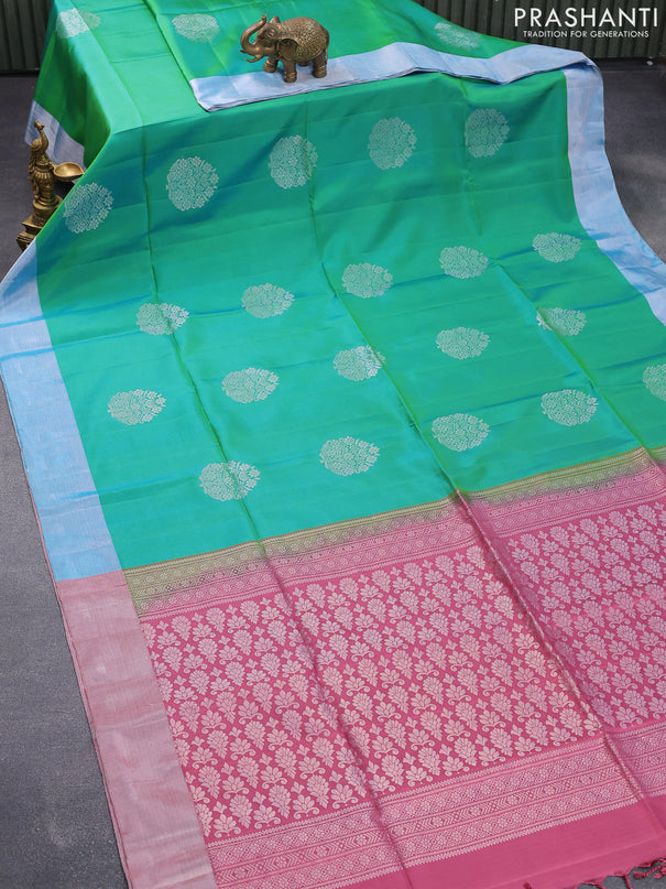 Pure soft silk saree dual shade of teal bluish green and pink shade with silver zari woven buttas and silver zari woven border