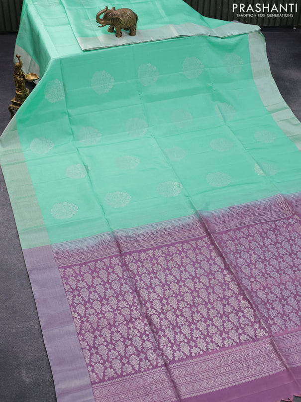 Pure soft silk saree teal green and pastel purple with silver zari woven buttas and silver zari woven border