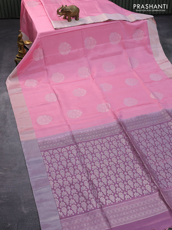 Pure soft silk saree light pink and pastel purple with silver zari woven buttas and silver zari woven border