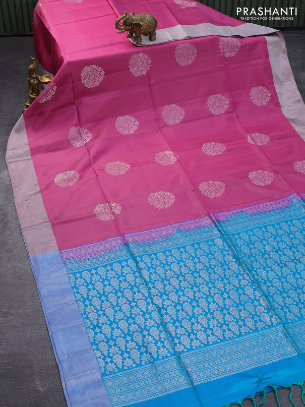 Pure soft silk saree pink shade and dual shade of teal blue with silver zari woven buttas and silver zari woven border