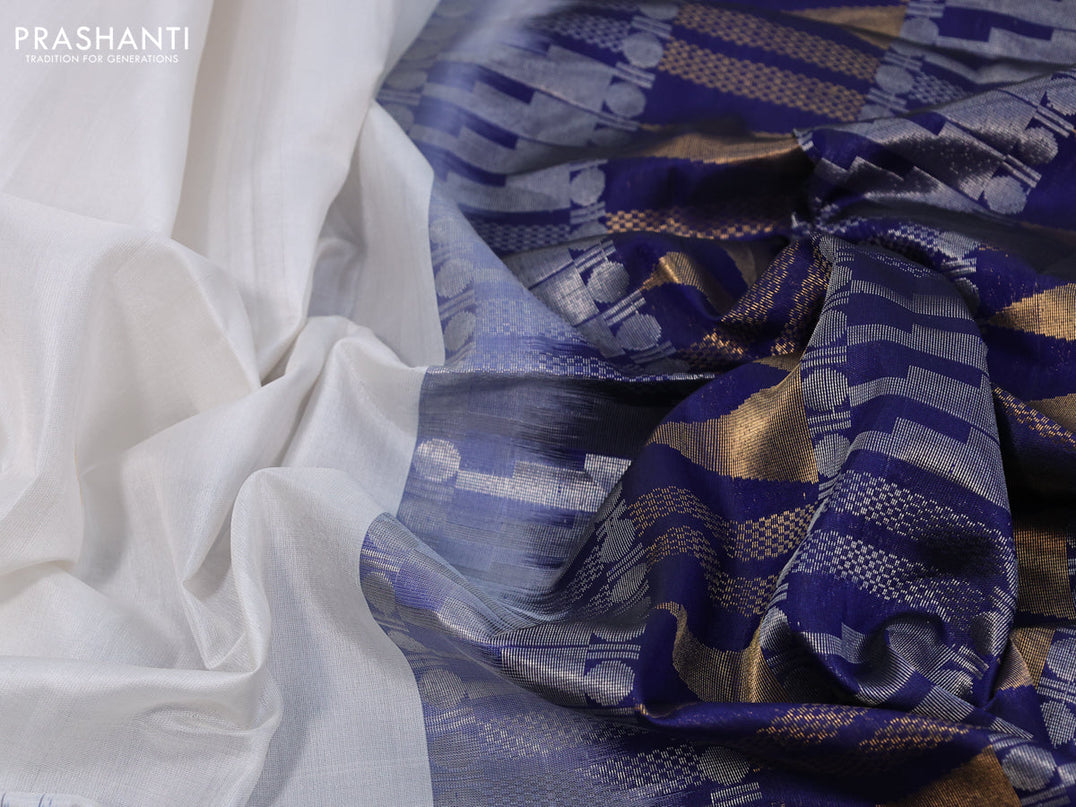Pure soft silk saree off white and blue with silver zari woven buttas and long zari woven border