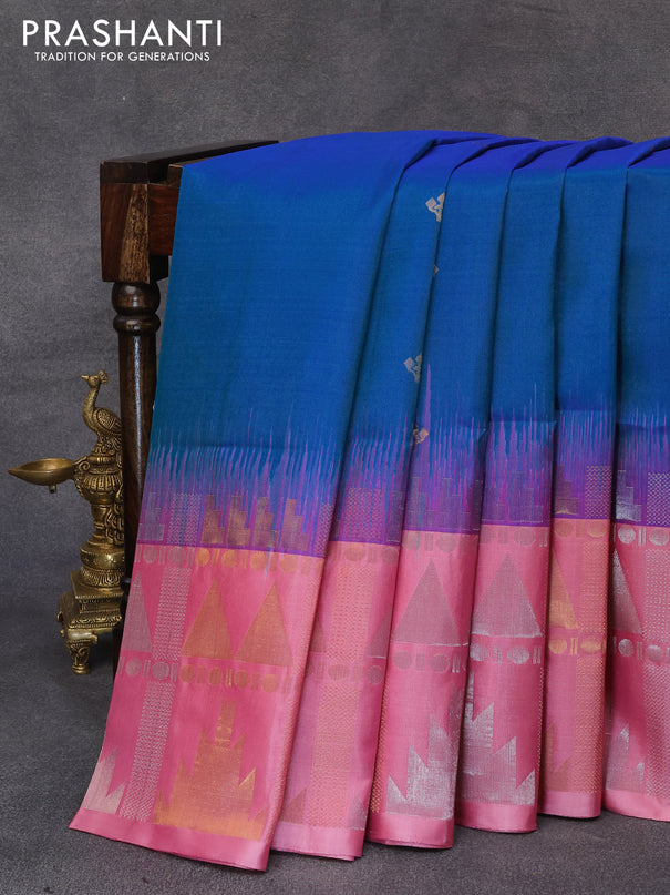Pure soft silk saree dual shade of blue and light pink with silver zari woven buttas and long zari woven border