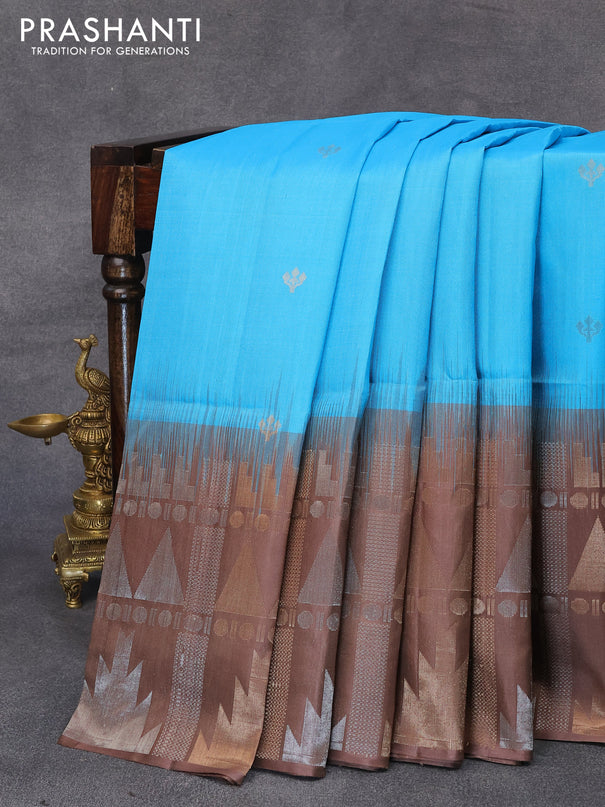Pure soft silk saree light blue and brown shade with silver zari woven buttas and long zari woven border