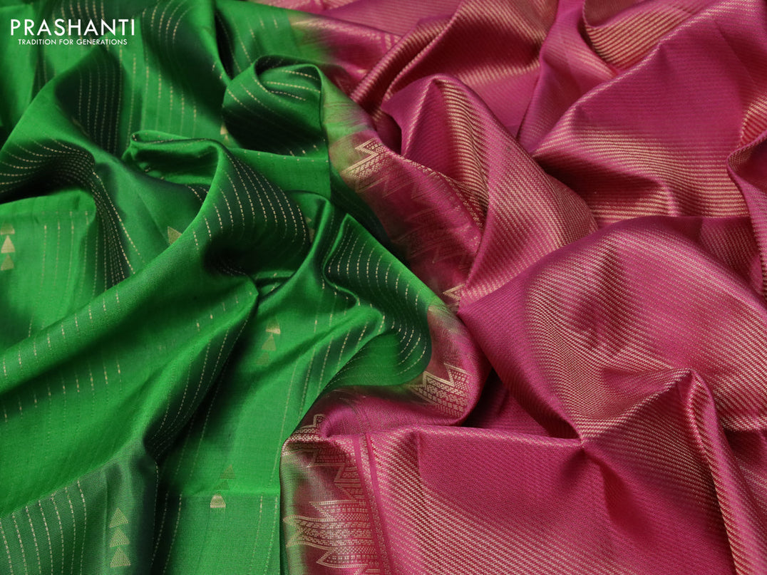 Pure soft silk saree green and dark pink with allover zari weaves and zari woven simple border