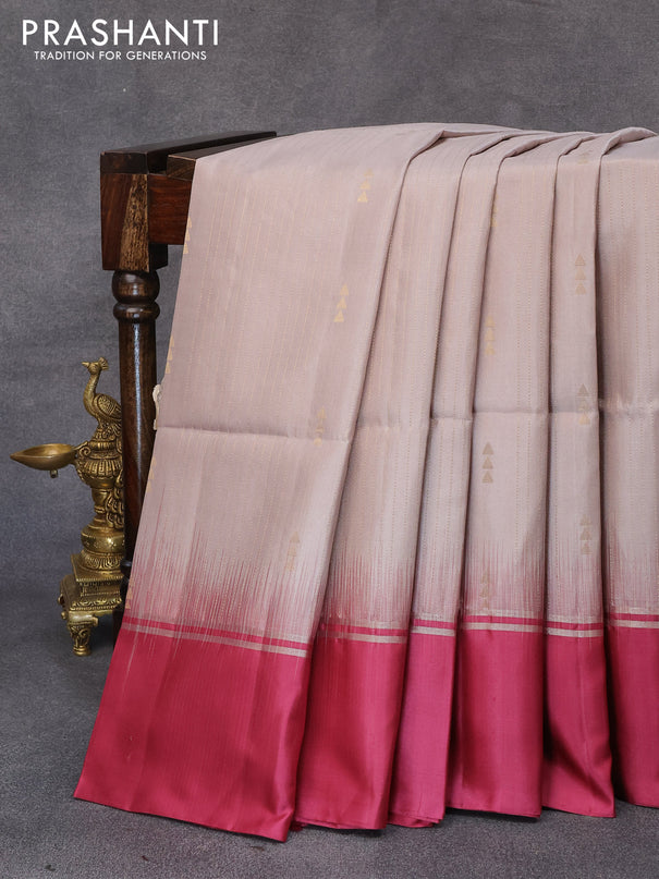 Pure soft silk saree grey shade and dark pink with allover zari weaves and zari woven simple border