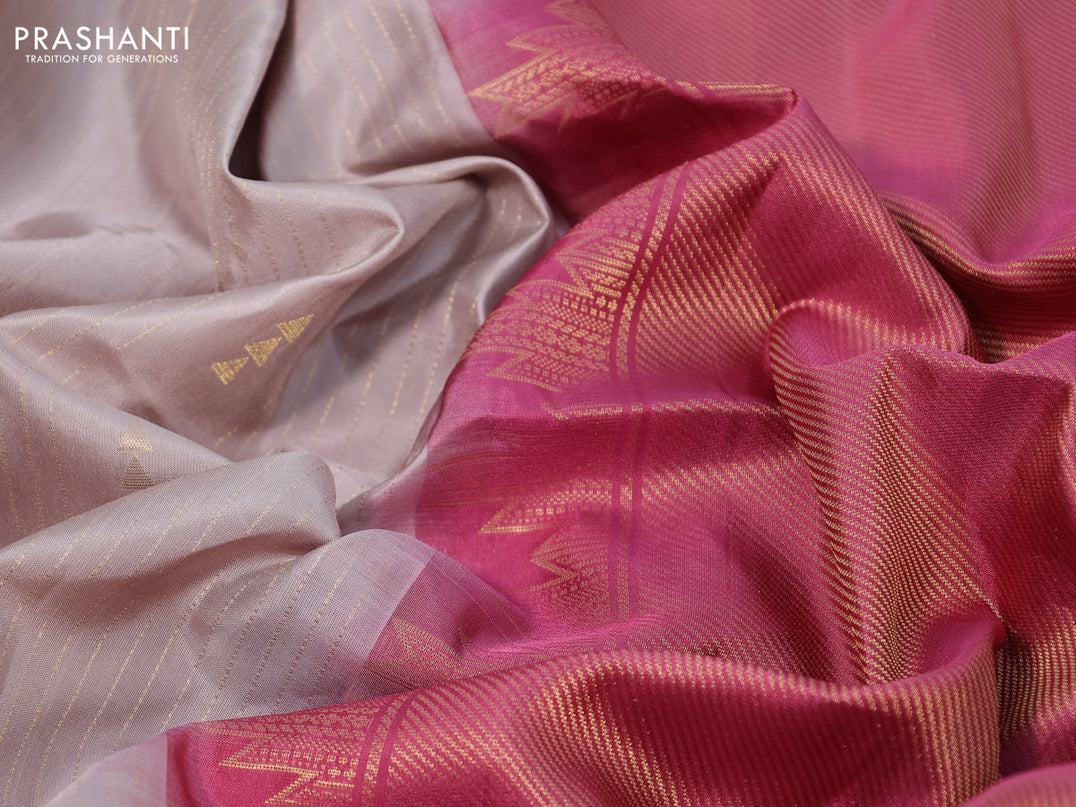 Pure soft silk saree grey shade and dark pink with allover zari weaves and zari woven simple border