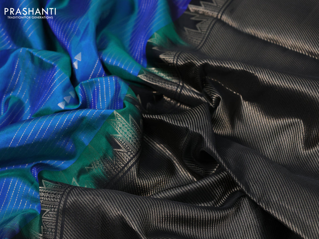 Pure soft silk saree dual shade of bluish green and black with allover zari weaves and zari woven simple border