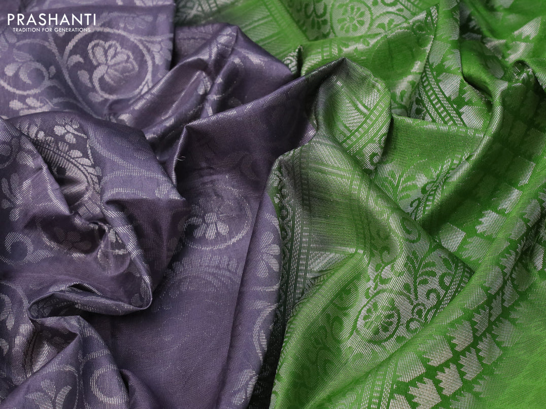 Pure soft silk saree grey and light green with allover silver zari woven brocade weaves and zari woven simple border