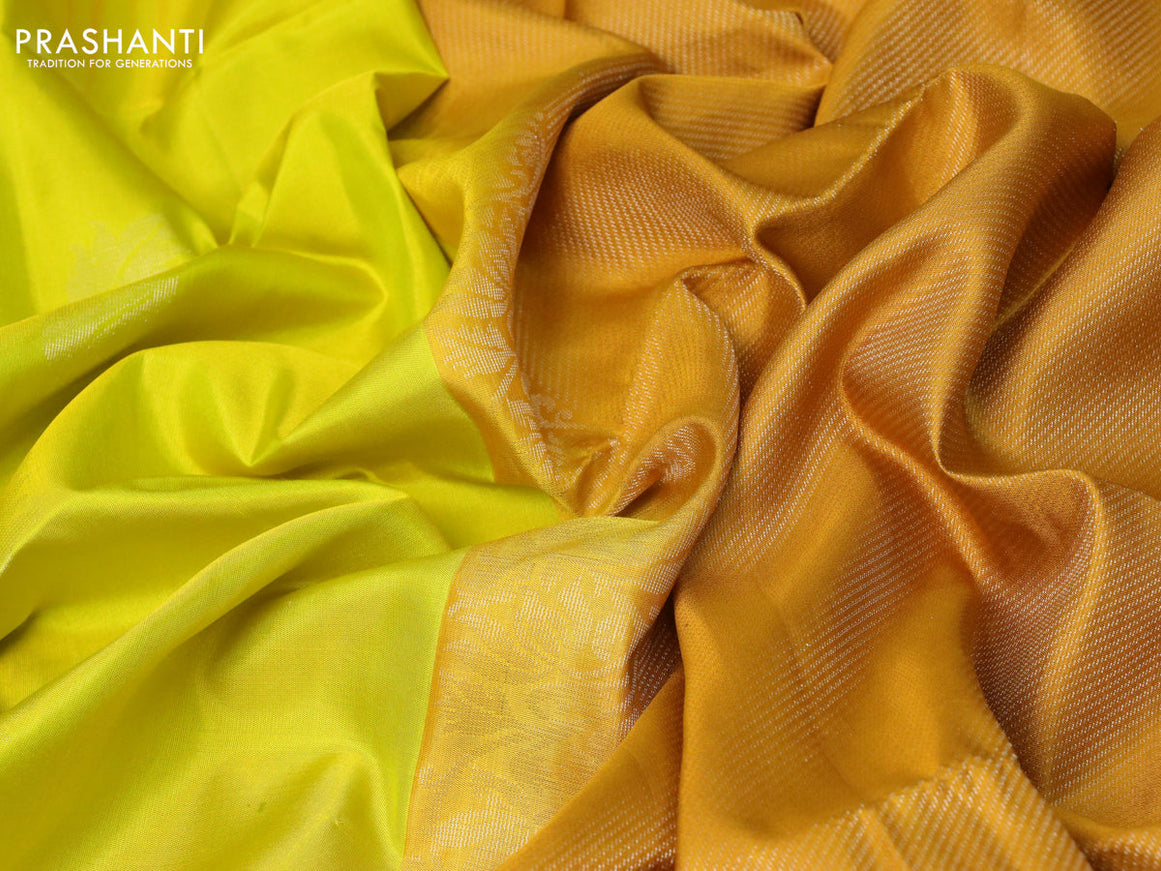 Pure soft silk saree lime yellow and mustard yellow with silver zari woven buttas and silver zari woven border