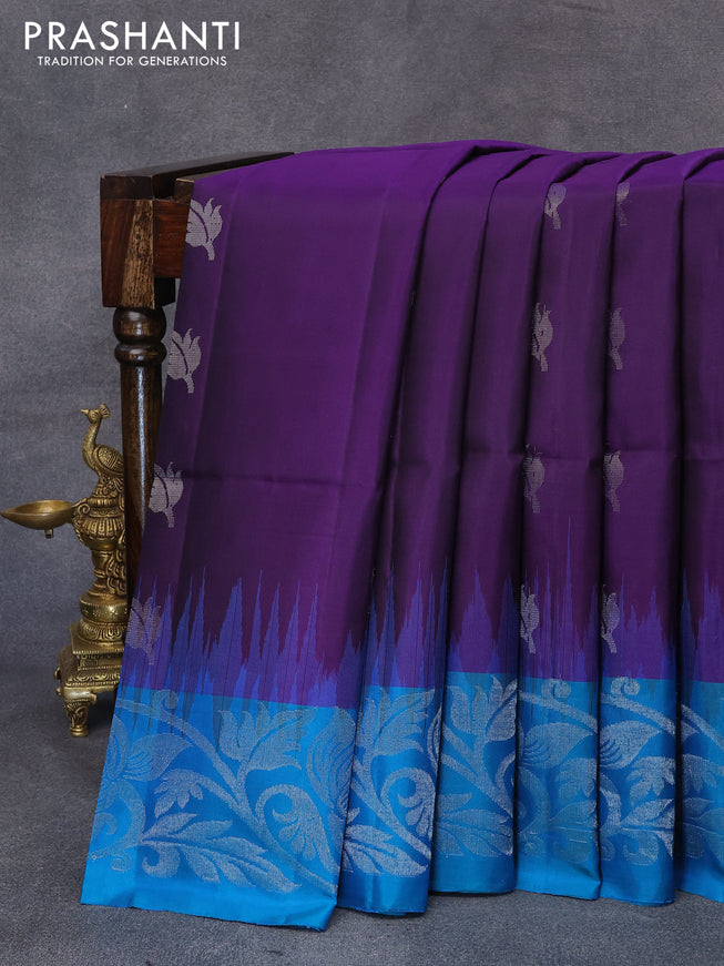 Pure soft silk saree deep violet and cs blue with silver zari woven buttas and silver zari woven border