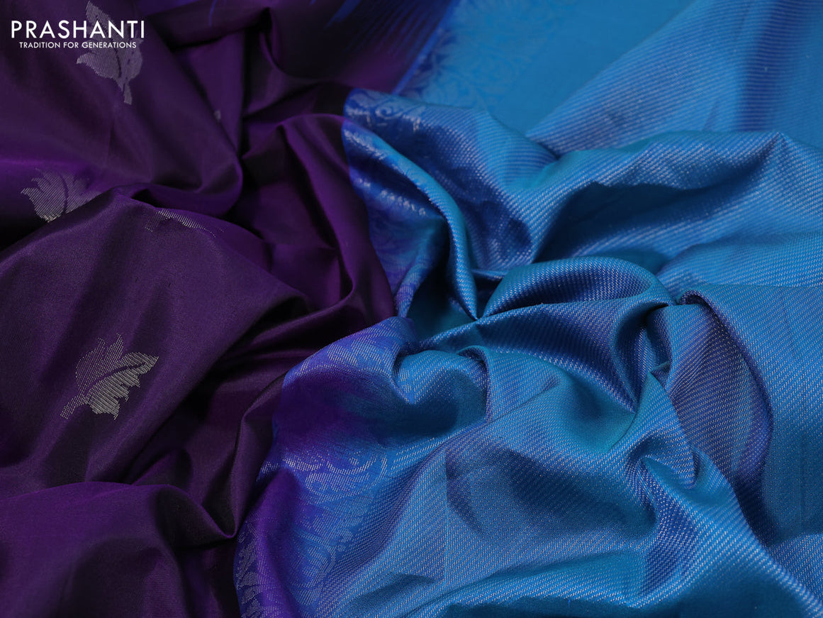 Pure soft silk saree deep violet and cs blue with silver zari woven buttas and silver zari woven border