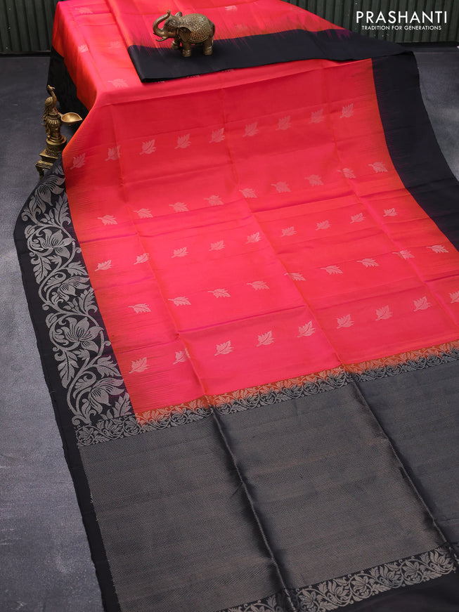 Pure soft silk saree dual shade of pinkish orange and black with silver zari woven buttas and silver zari woven border