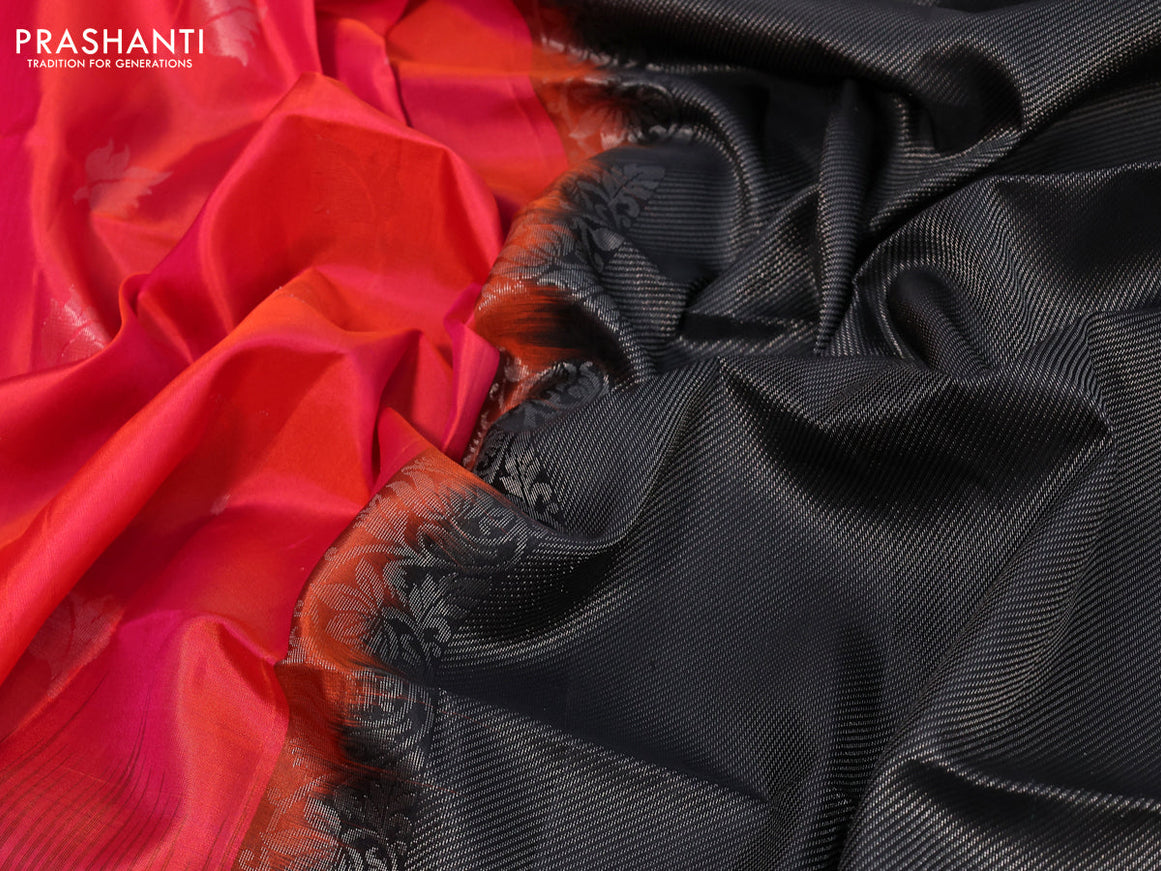 Pure soft silk saree dual shade of pinkish orange and black with silver zari woven buttas and silver zari woven border