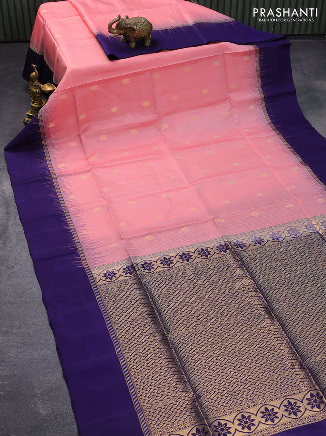 Pure soft silk saree peach pink and blue with zari woven buttas and zari woven simple border