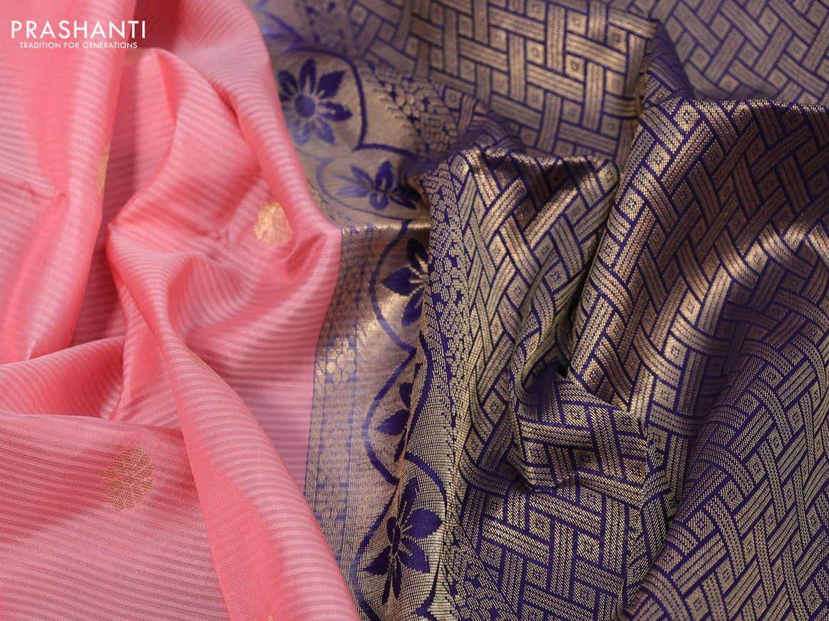 Pure soft silk saree peach pink and blue with zari woven buttas and zari woven simple border