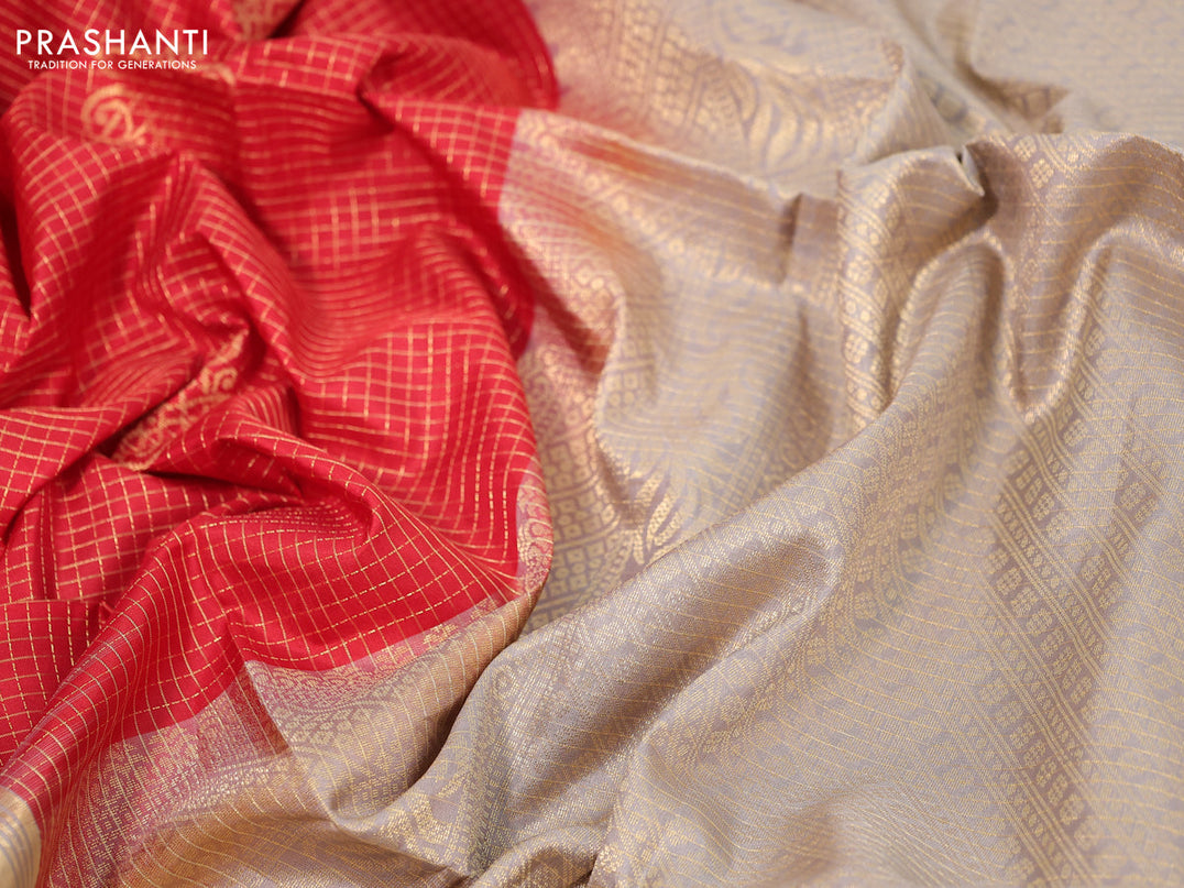 Pure soft silk saree red and grey shade with allover small zari checks & buttas and rettapet zari woven border