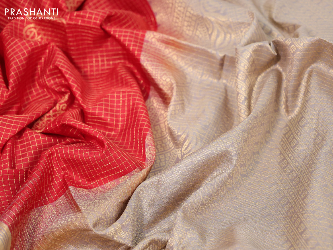 Pure soft silk saree red and grey shade with allover small zari checks & buttas and rettapet zari woven border