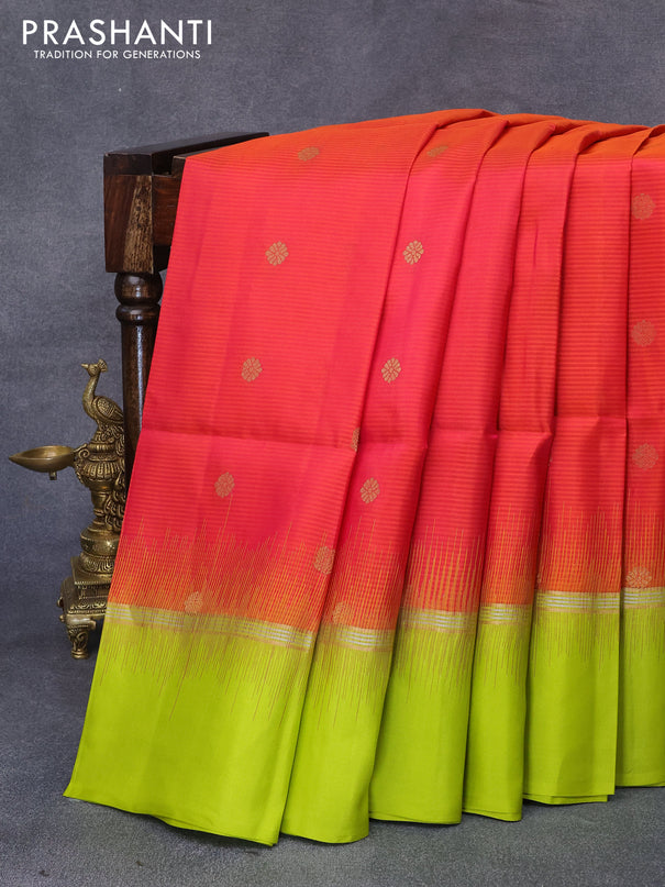 Pure soft silk saree dual shade of pinkish orange and fluorescent green with zari woven buttas and zari woven simple border