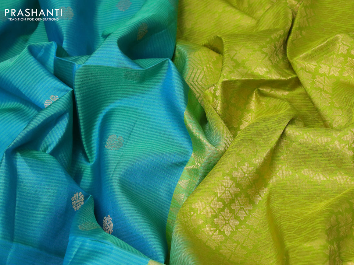 Pure soft silk saree teal blue and fluorescent green with zari woven buttas and zari woven simple border