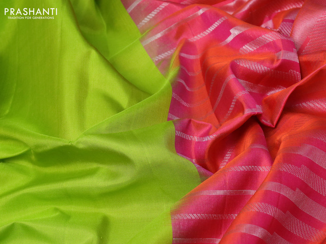 Pure soft silk saree fluorescent green and dual shade of pinkish orange with plain body and temple design long zari woven border