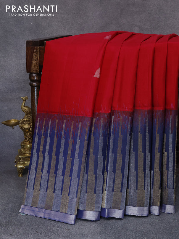 Pure soft silk saree red and dark blue with zari woven buttas and temple design long zari woven border