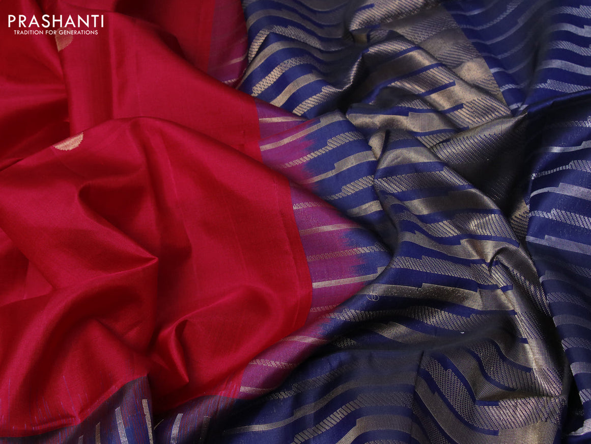 Pure soft silk saree red and dark blue with zari woven buttas and temple design long zari woven border