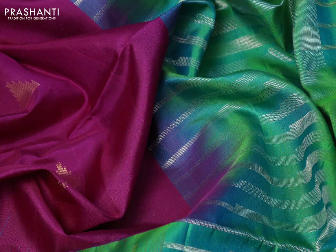 Pure soft silk saree purple and dual shade of teal green with zari woven buttas and temple design long zari woven border