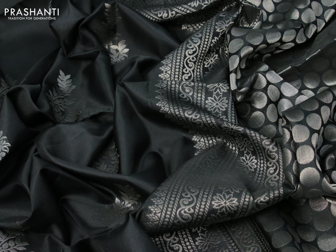 Pure soft silk saree black with silver zari woven buttas in borderless style