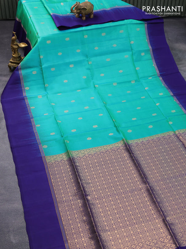 Pure soft silk saree dual shade of teal bluish green and blue with zari woven buttas and zari woven simple border