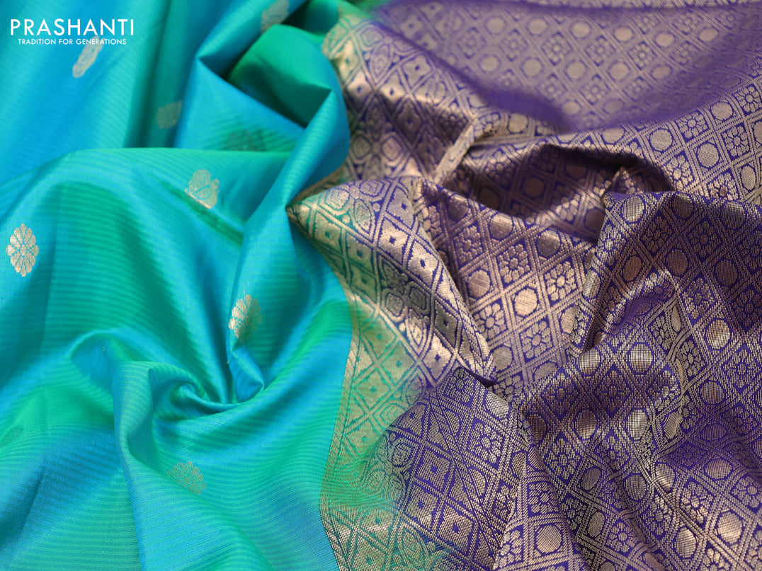 Pure soft silk saree dual shade of teal bluish green and blue with zari woven buttas and zari woven simple border