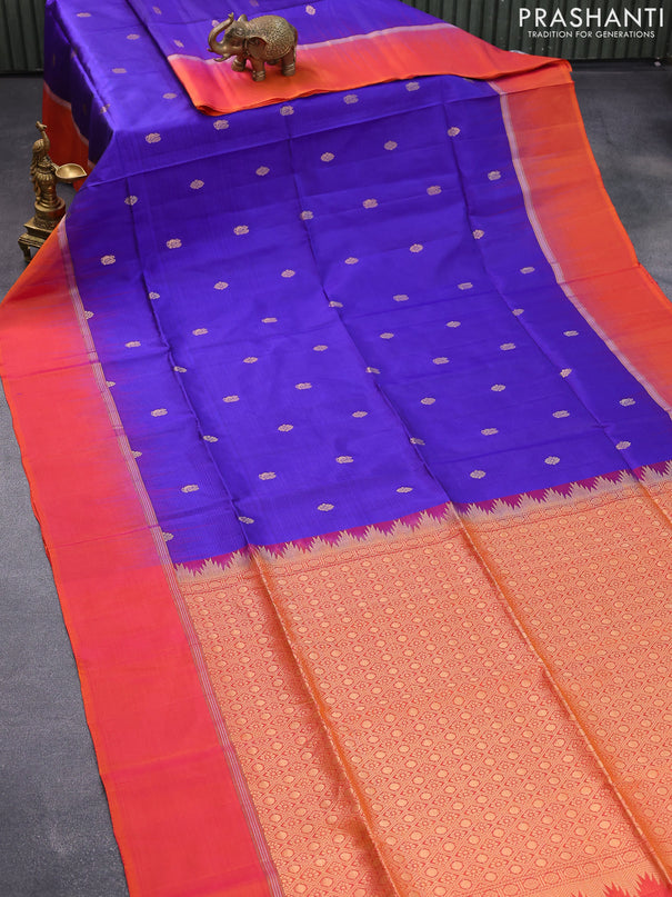 Pure soft silk saree blue and dual shade of pinkish orange with zari woven buttas and zari woven simple border