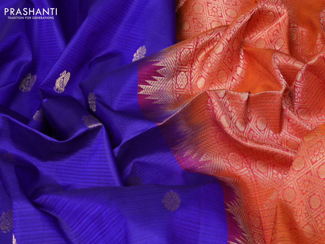 Pure soft silk saree blue and dual shade of pinkish orange with zari woven buttas and zari woven simple border