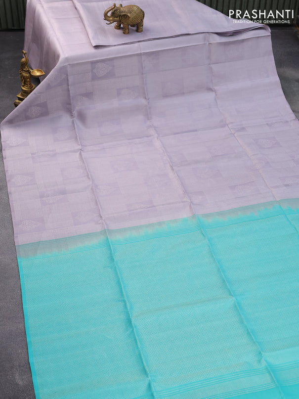 Pure soft silk saree grey and teal blue with allover silver zari woven broacde weaves in borderless style