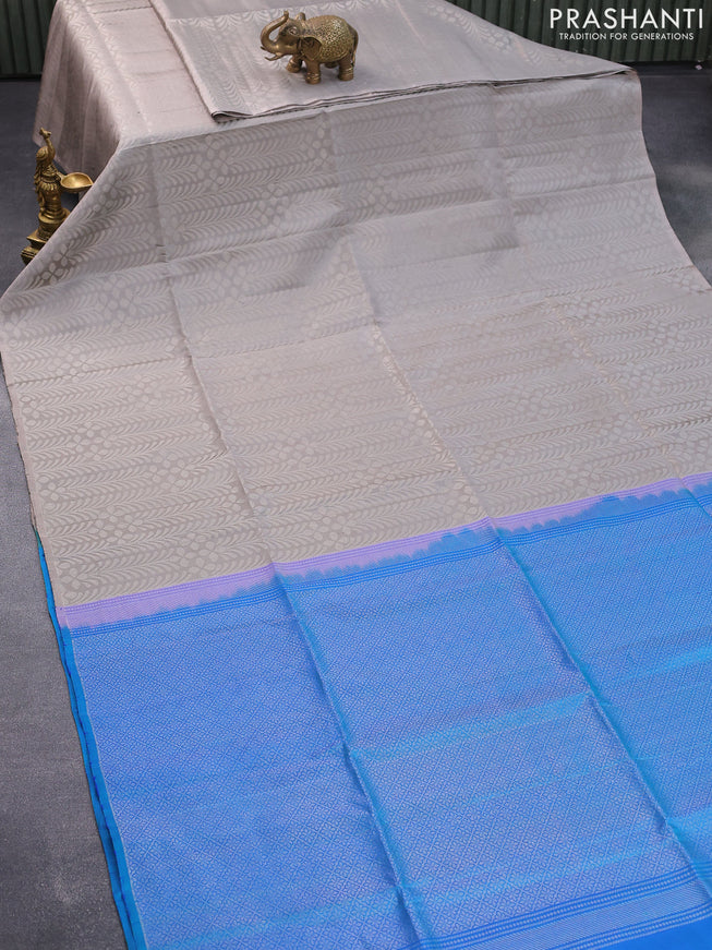 Pure soft silk saree grey and dual shade of blue with allover silver zari woven broacde weaves in borderless style