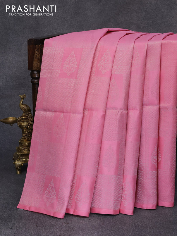 Pure soft silk saree light pink and light blue with allover silver zari woven broacde weaves in borderless style