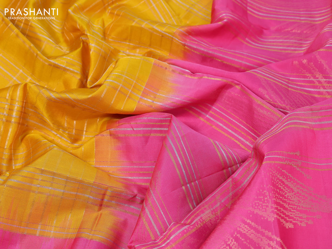 Pure soft silk saree yellow and pink with allover zari woven geometric weaves and simple border