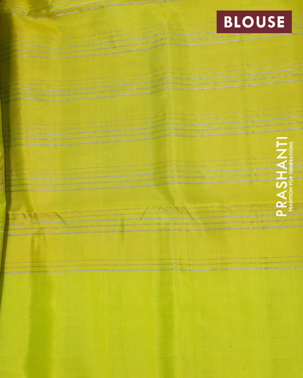 Pure soft silk saree dual shade of pinkish orange and lime yellow with allover zari woven geometric weaves and simple border