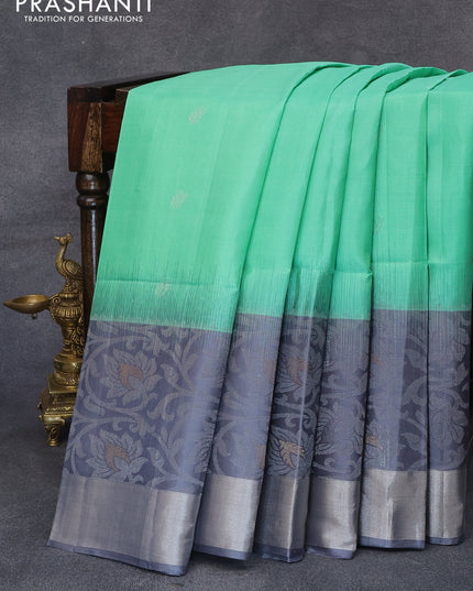 Pure soft silk saree pista green and grey with allover silver zari woven buttas and long rich silver zari woven border