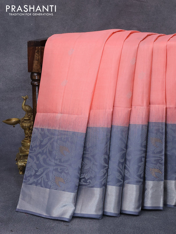Pure soft silk saree peach orange and grey with allover silver zari woven buttas and long rich silver zari woven border