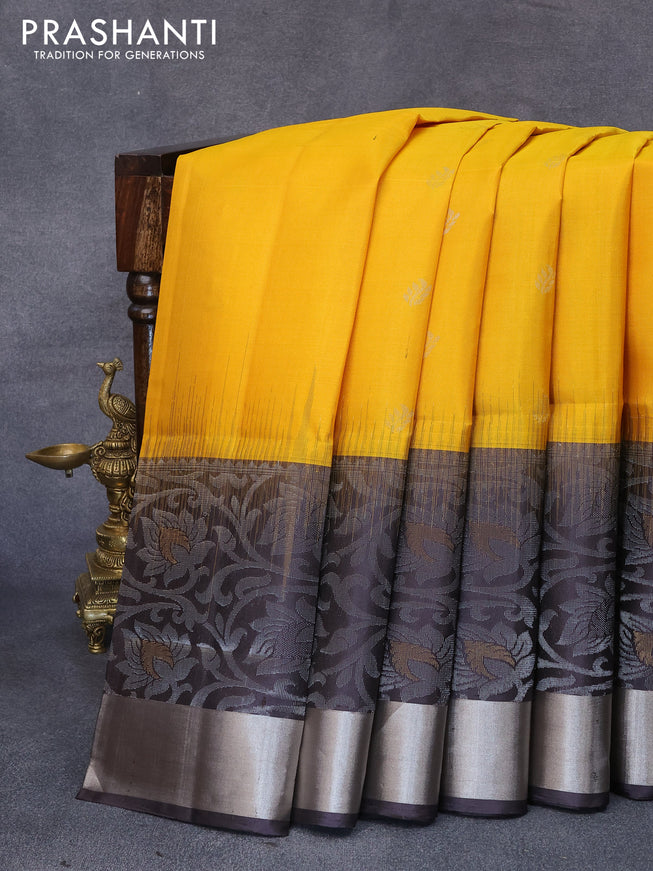 Pure soft silk saree mango yellow and dark grey with allover silver zari woven buttas and long rich silver zari woven border