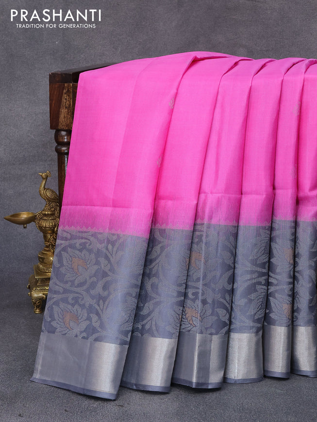 Pure soft silk saree pink and grey with allover silver zari woven buttas and long rich silver zari woven border