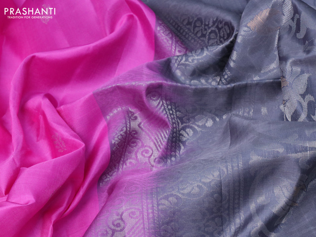 Pure soft silk saree pink and grey with allover silver zari woven buttas and long rich silver zari woven border
