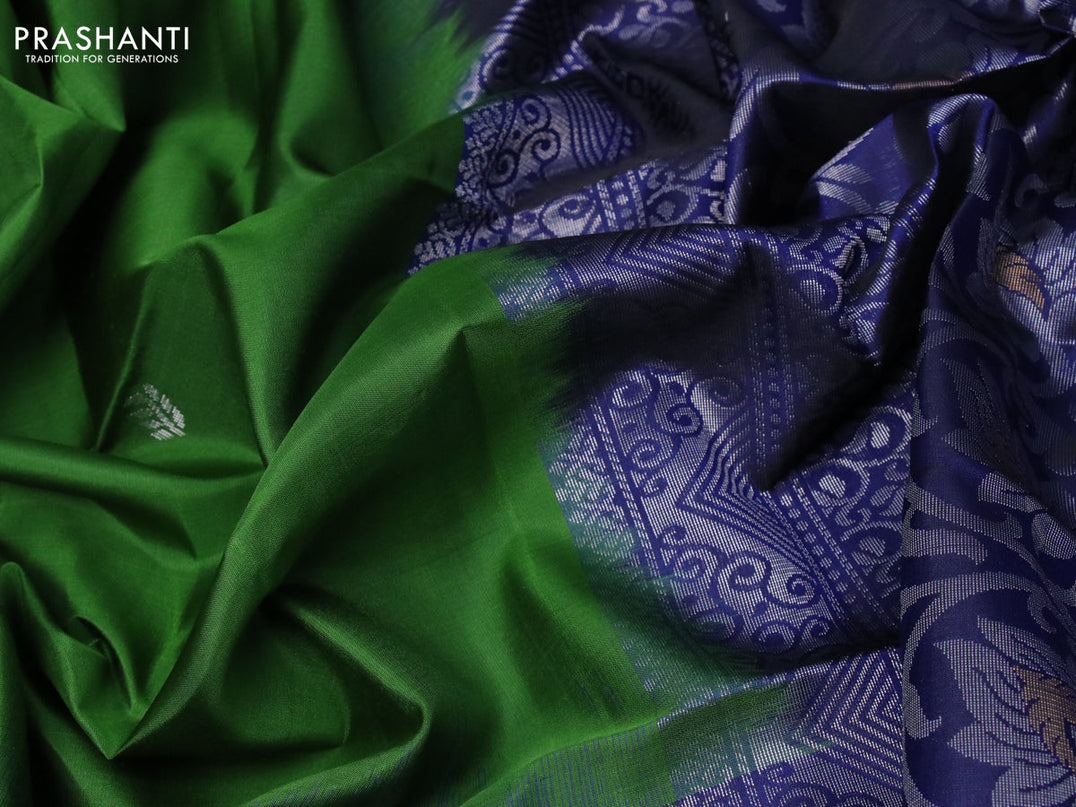 Pure soft silk saree green and blue with allover silver zari woven buttas and long rich silver zari woven border
