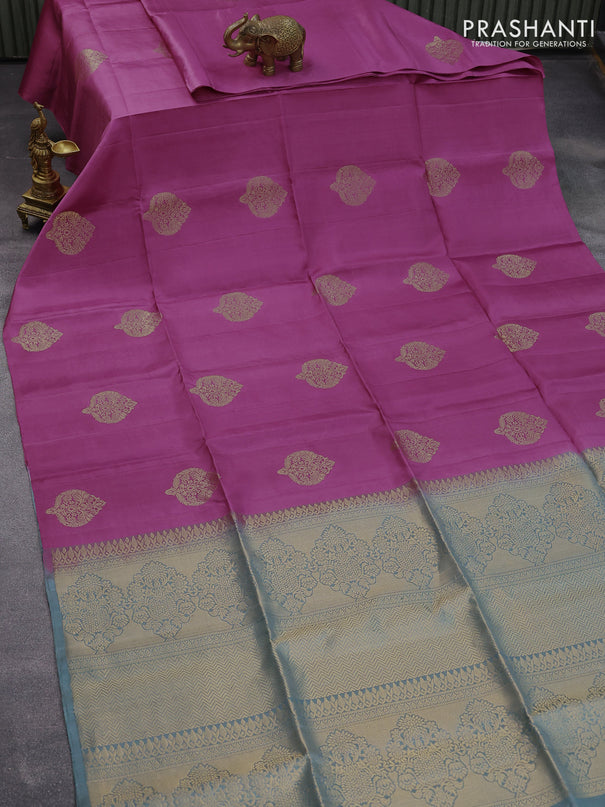 Pure soft silk saree magenta pink and greyish blue with zari woven buttas in boderless style