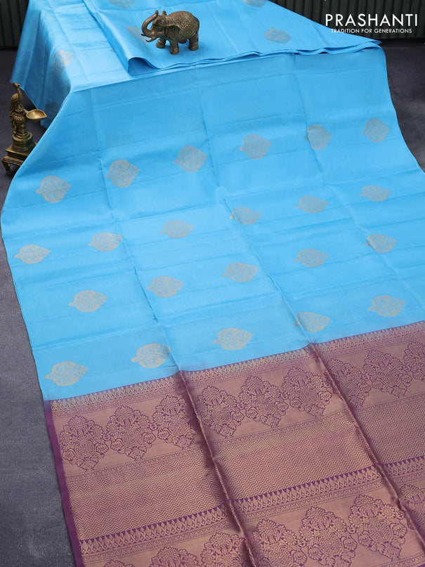 Pure soft silk saree light blue and pastel purple with zari woven buttas in boderless style