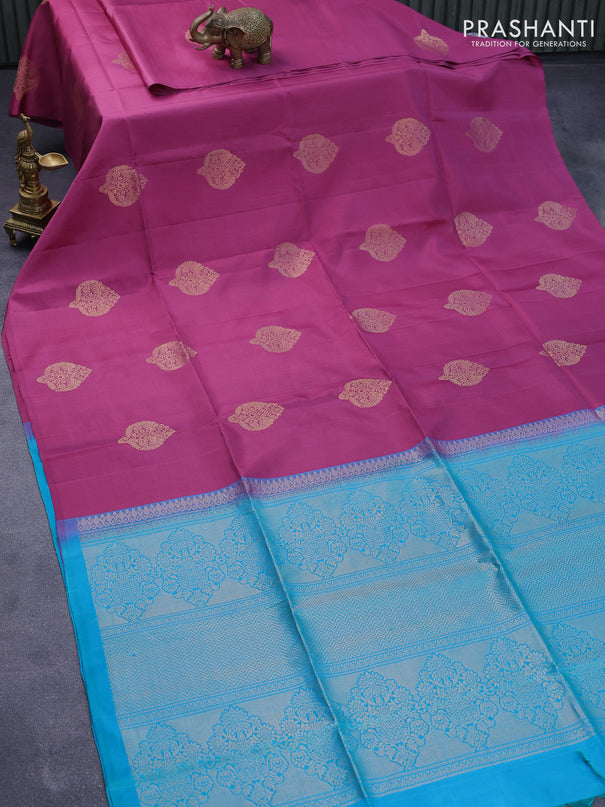 Pure soft silk saree mauve pink and dual shade of blue with zari woven buttas in boderless style