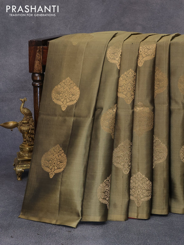 Pure soft silk saree olive green and maroon with zari woven buttas in boderless style
