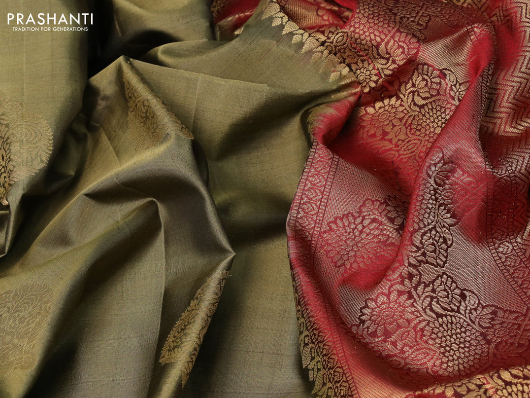 Pure soft silk saree olive green and maroon with zari woven buttas in boderless style